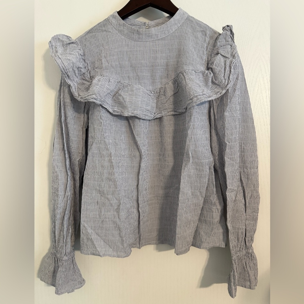 A.N.A Blue and White Stripe Ruffle Blouse | 98% Cotton | Size Medium